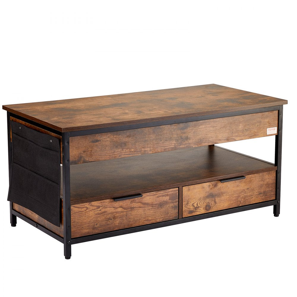 VEVOR Lift Top Coffee Table 39.4" Rectangle Coffee Table with Light & USB Brown