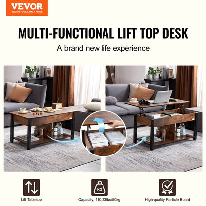Adjustable Lift Top Coffee Table with Storage, 1.06m, Brown, Steel Frame Design