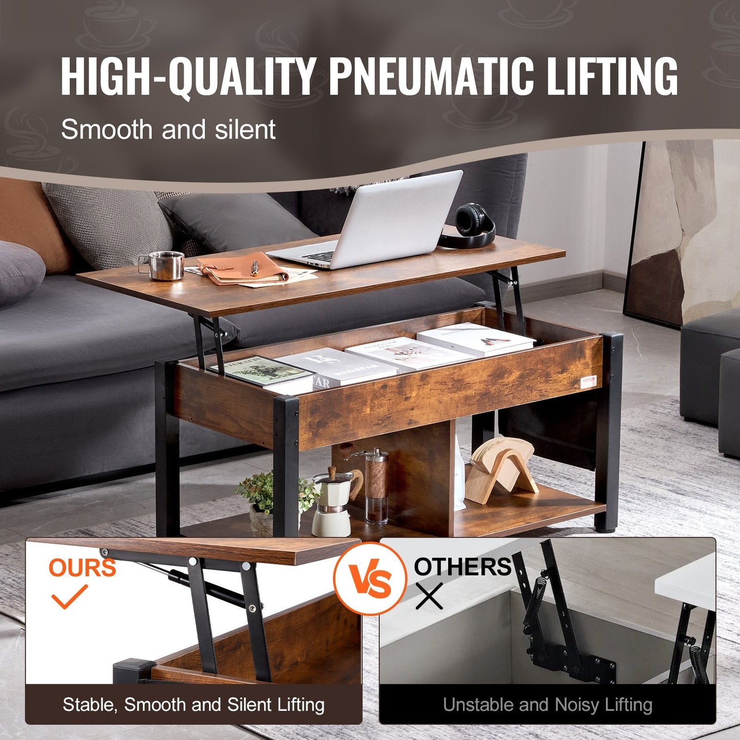 Adjustable Lift Top Coffee Table with Storage, 1.06m, Brown, Steel Frame Design
