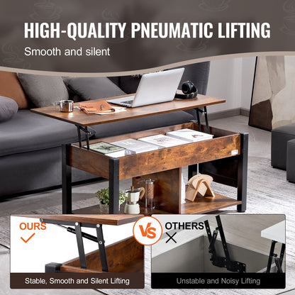 Adjustable Lift Top Coffee Table with Storage, 1.06m, Brown, Steel Frame Design