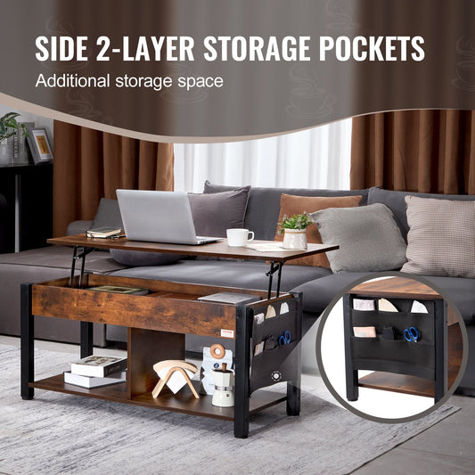 Adjustable Lift Top Coffee Table with Storage, 1.06m, Brown, Steel Frame Design