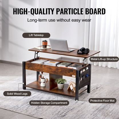 Adjustable Lift Top Coffee Table with Storage, 1.06m, Brown, Steel Frame Design