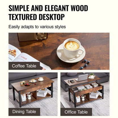 Adjustable Lift Top Coffee Table with Storage, 1.06m, Brown, Steel Frame Design