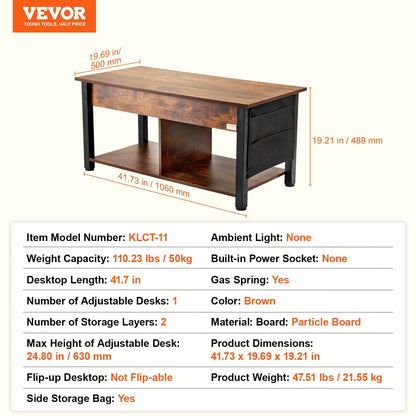 Adjustable Lift Top Coffee Table with Storage, 1.06m, Brown, Steel Frame Design