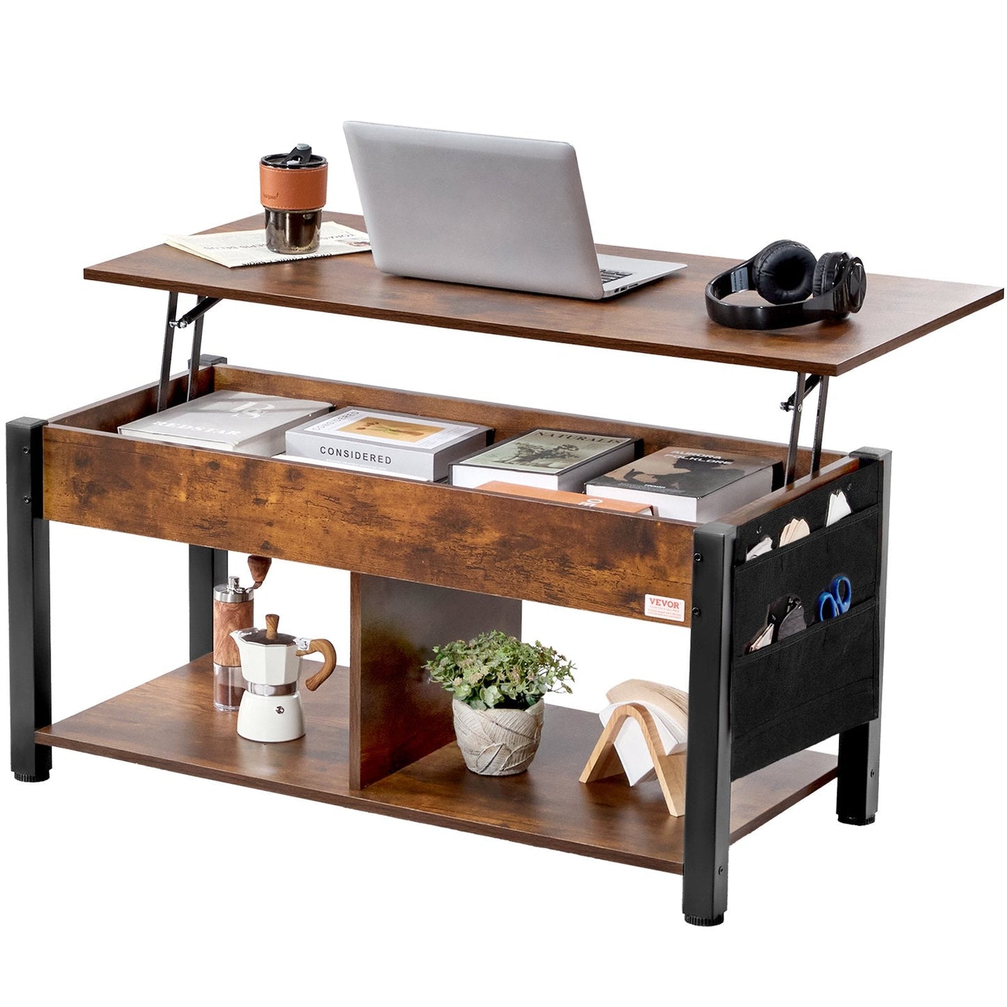 Adjustable Lift Top Coffee Table with Storage, 1.06m, Brown, Steel Frame Design