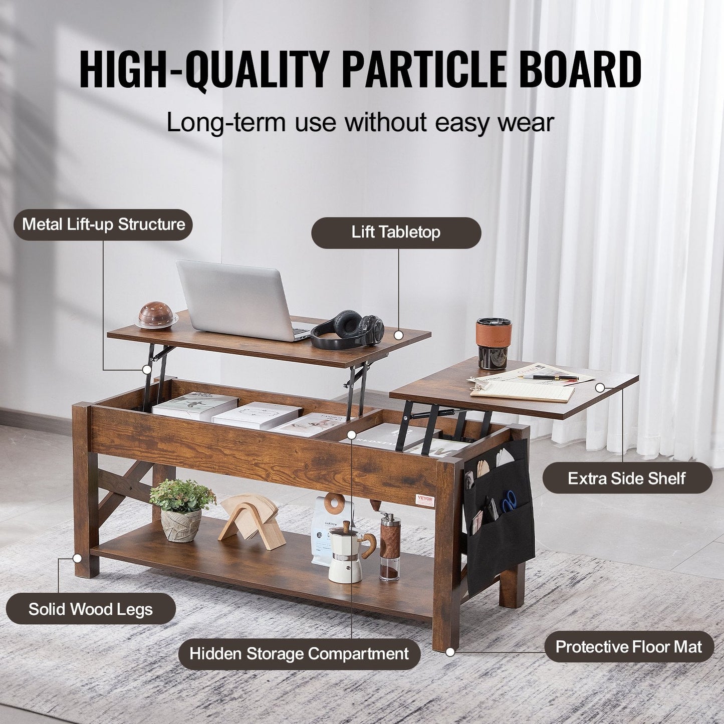 Adjustable Lift-Top Coffee Table with Storage, 1.2m Brown Rectangle Design