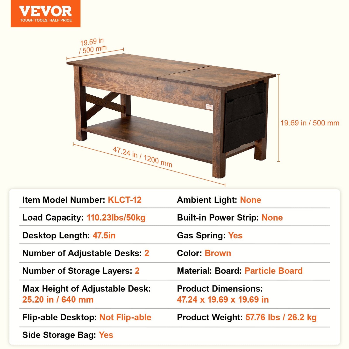 Adjustable Lift-Top Coffee Table with Storage, 1.2m Brown Rectangle Design