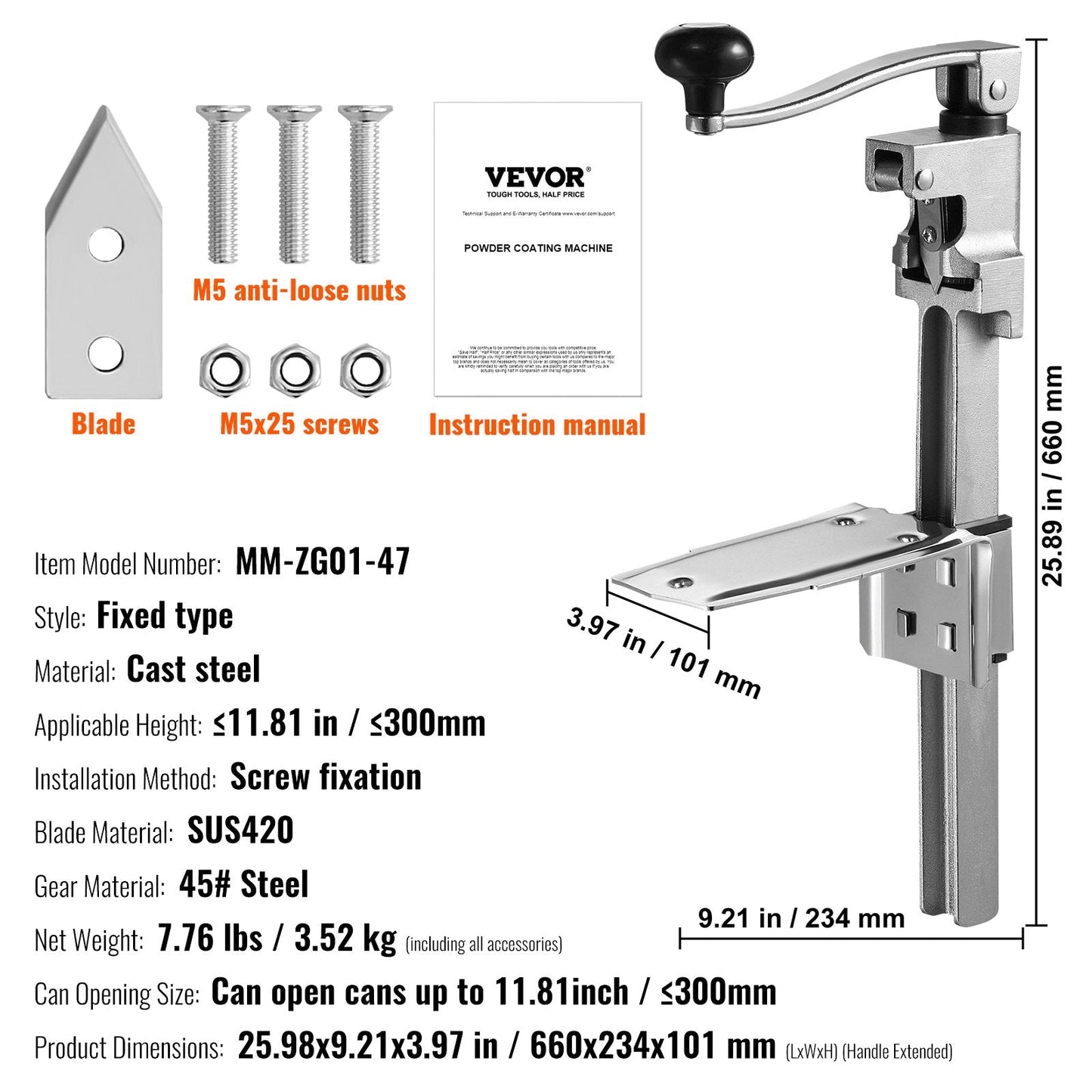Heavy Duty Manual Can Opener, Adjustable for 30cm Cans, Ideal for Restaurants