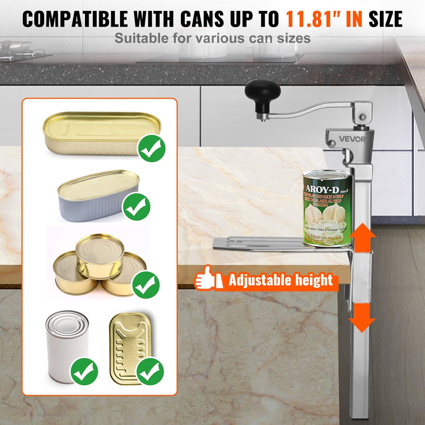 Commercial Can Opener, Heavy-Duty Manual Tabletop Cans Opener for Cans Up to 300 mm Height, Height-Adjustable Professional Can Openers with Stainless Steel Blade, for Restaurant & Food Store