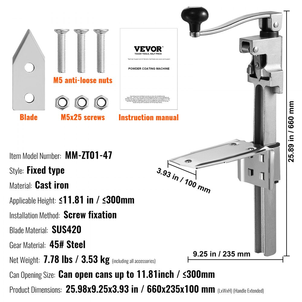 VEVOR Manual Can Opener, Commercial Table Opener for Large Cans, Heavy Duty Can Opener with Base, Adjustable Height Industrial Jar Opener For Cans Up to 30cm Tall, for Restaurant Hotel Home Bar