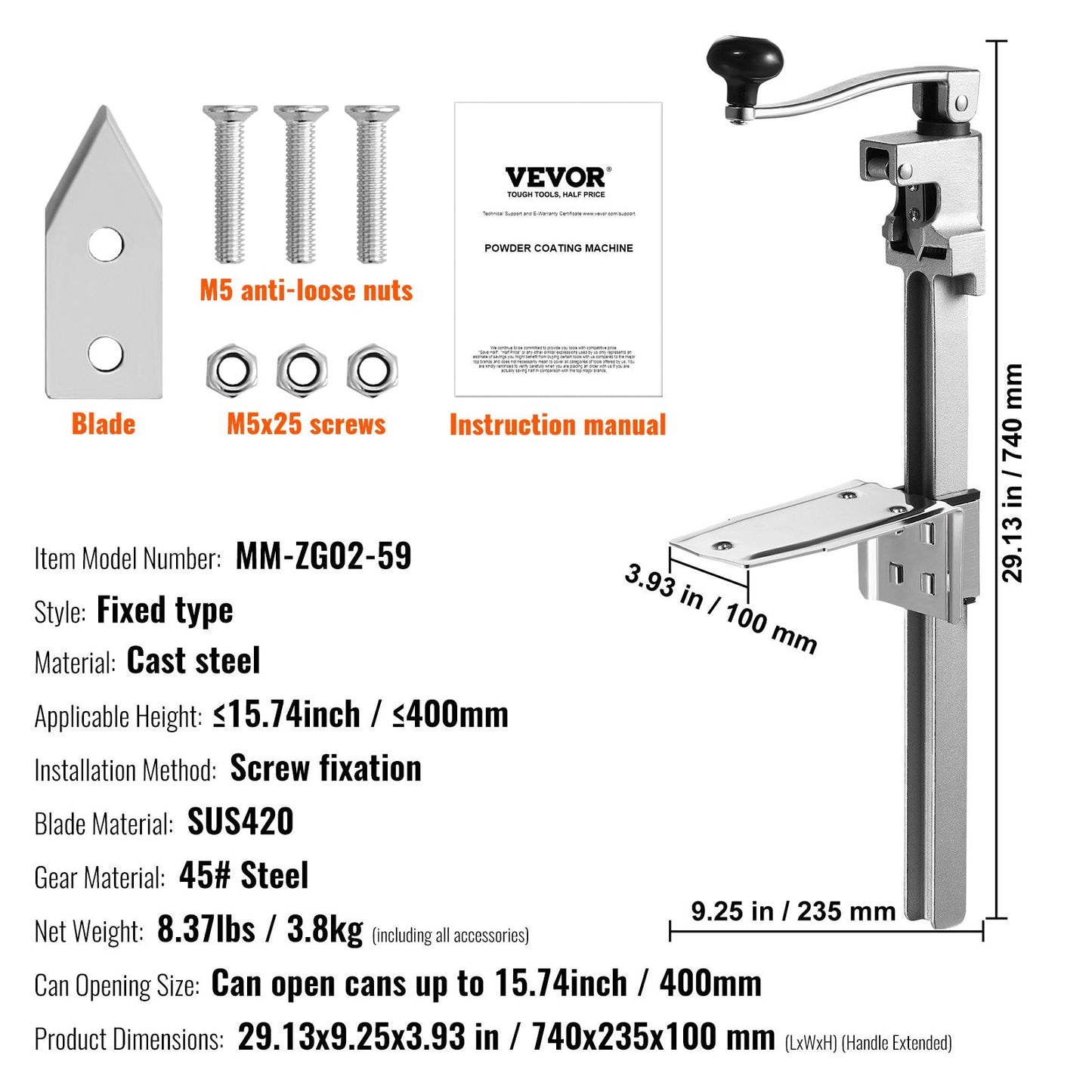 Heavy Duty Tabletop Can Opener for Large Cans, Adjustable up to 0.4 Meters