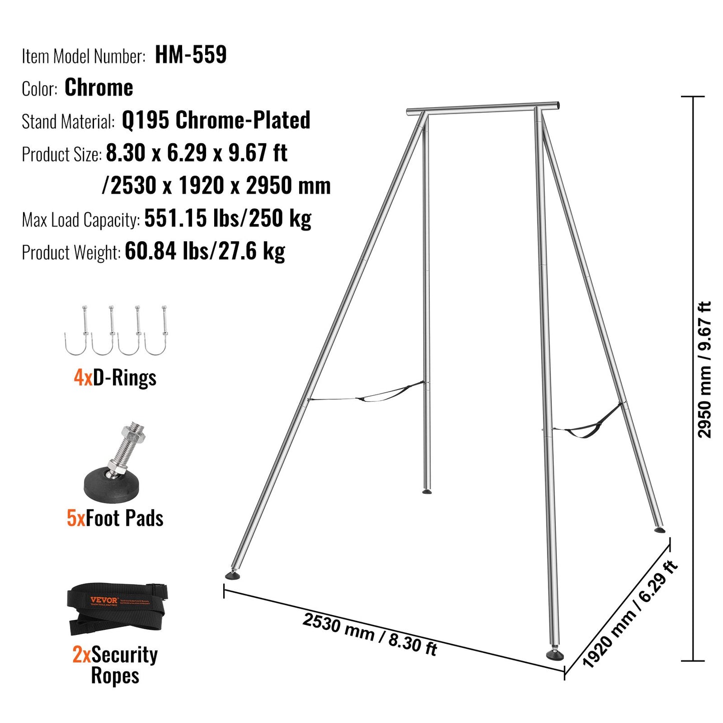 VEVOR Aerial Yoga Frame, 2950 mm Height Yoga Swing Stand, Max 250 kg Load Chrome-Plated