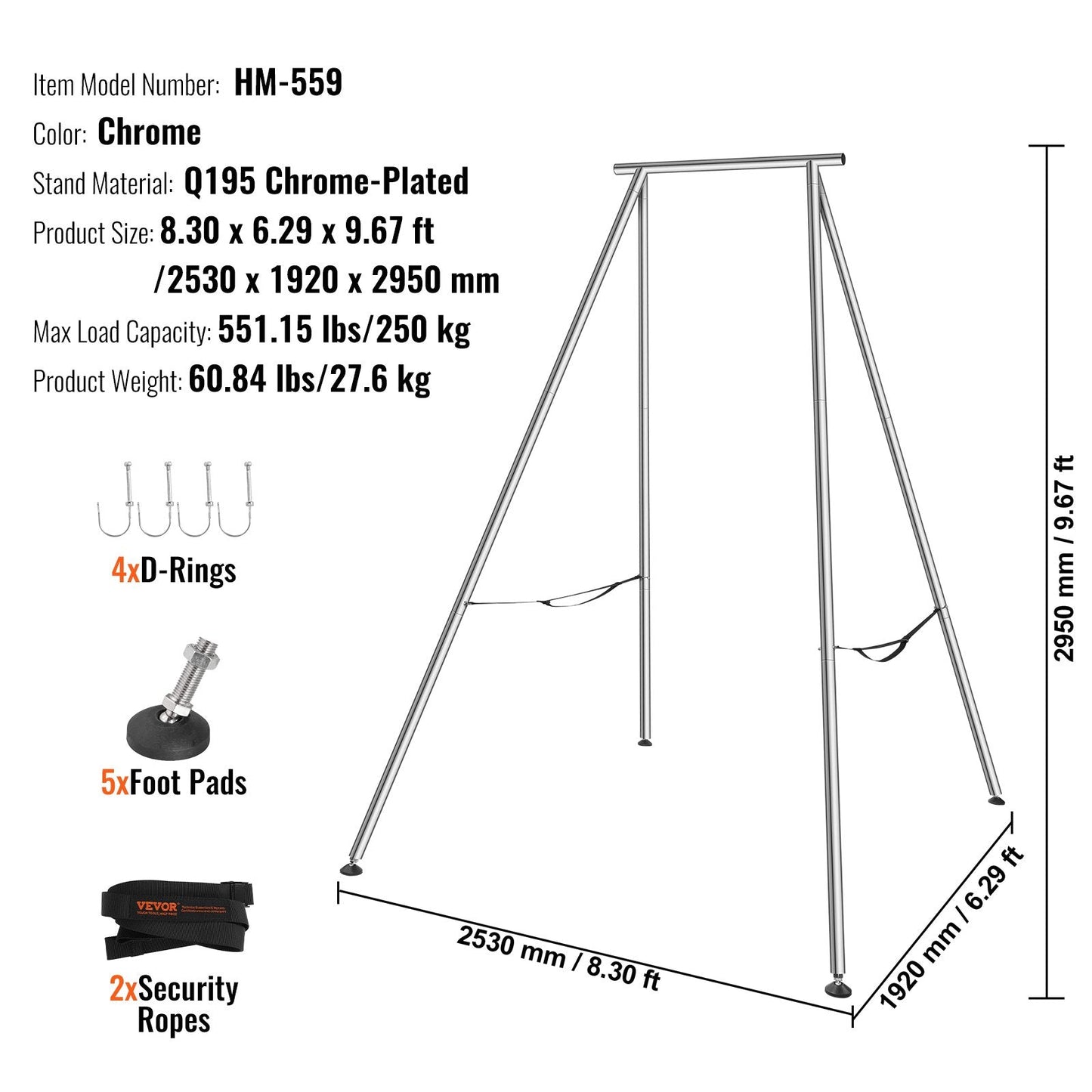 Chrome-Plated Aerial Yoga Swing Stand, 2.95 m Height, 250 kg Load Capacity