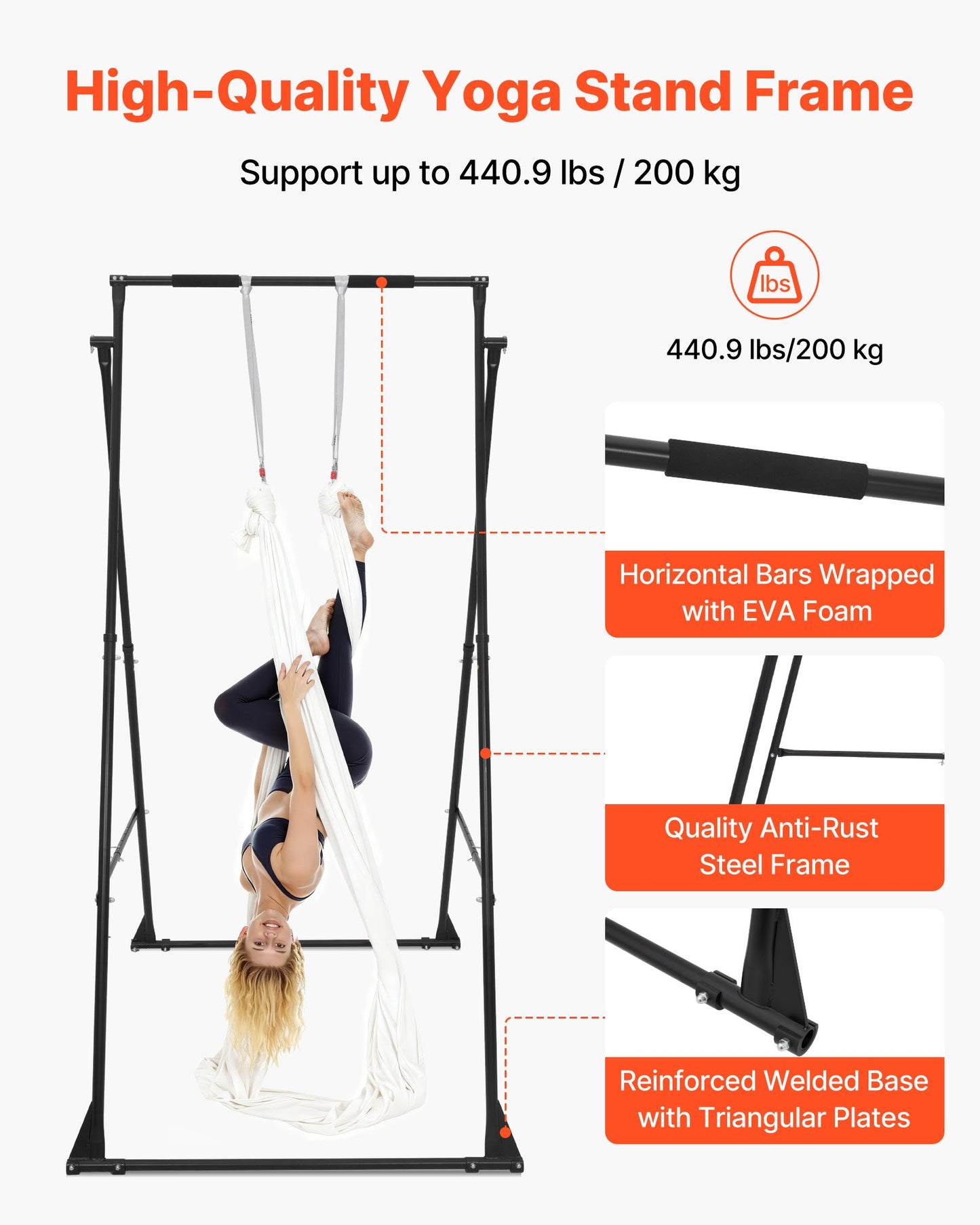 Yoga Stand Frame, Max 200 kg Load Swing Stand, Triangular Structure Aerial Rig, Aerial Silk Stands with EVA Foam & 6m Yoga Hammock, 4-Level Horizontal & 6-Level Vertical Adjustment