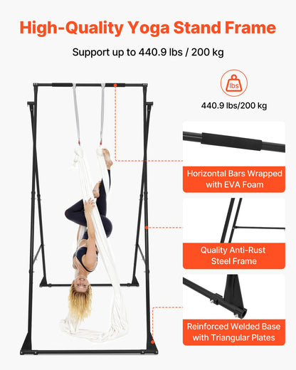 Yoga Stand Frame, Max 200 kg Load Swing Stand, Triangular Structure Aerial Rig, Aerial Silk Stands with EVA Foam & 6m Yoga Hammock, 4-Level Horizontal & 6-Level Vertical Adjustment