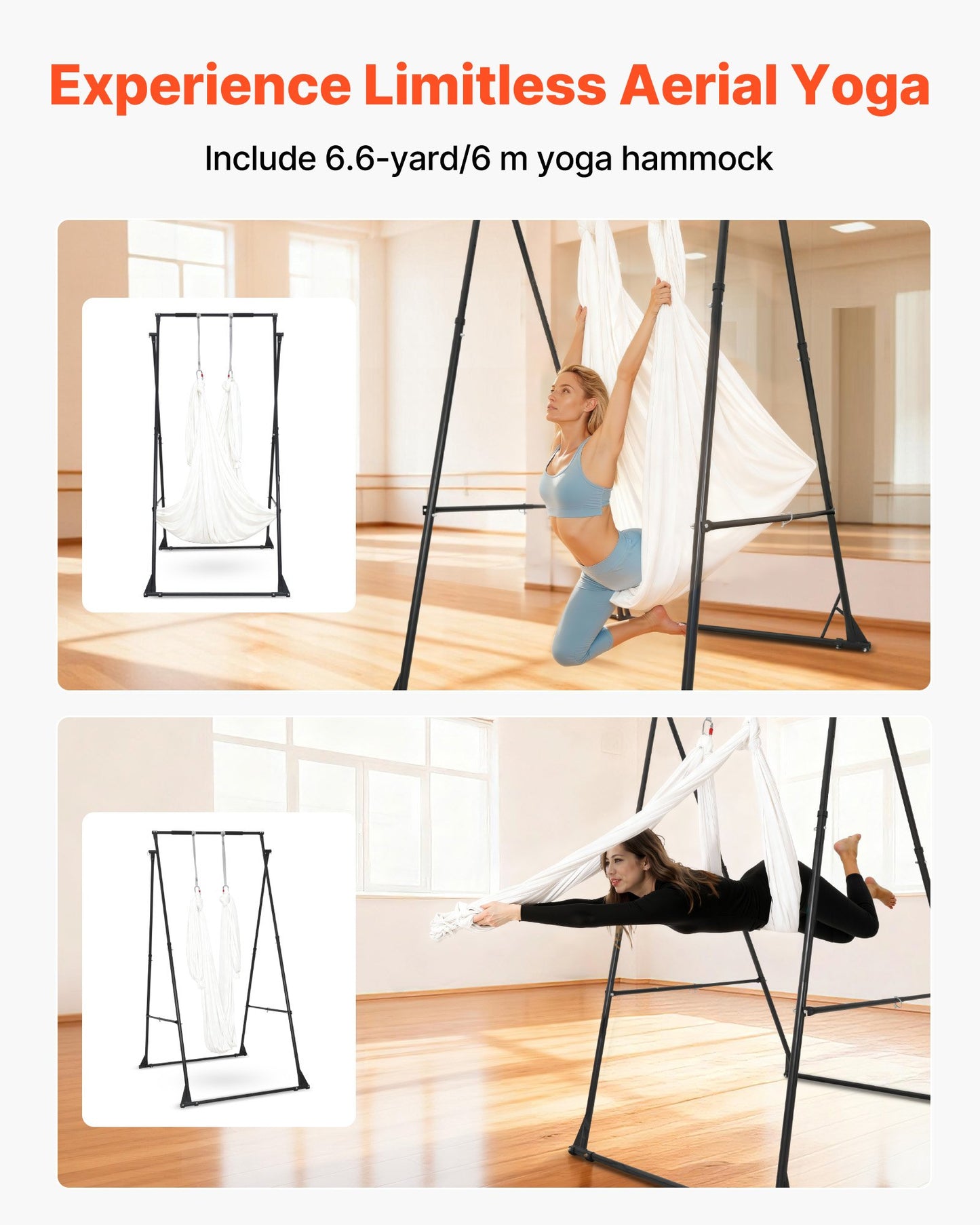 Yoga Stand Frame, Max 200 kg Load Swing Stand, Triangular Structure Aerial Rig, Aerial Silk Stands with EVA Foam & 6m Yoga Hammock, 4-Level Horizontal & 6-Level Vertical Adjustment