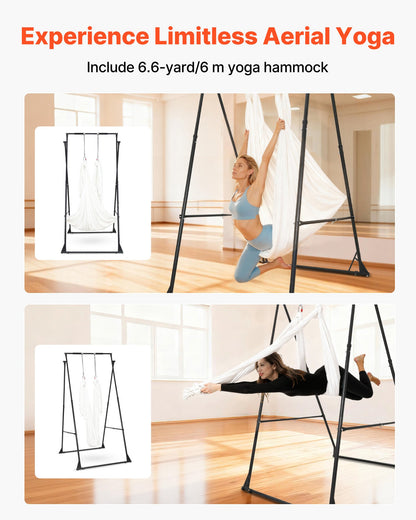 Yoga Stand Frame, Max 200 kg Load Swing Stand, Triangular Structure Aerial Rig, Aerial Silk Stands with EVA Foam & 6m Yoga Hammock, 4-Level Horizontal & 6-Level Vertical Adjustment
