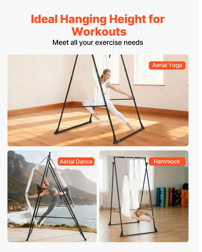 Yoga Stand Frame, Max 200 kg Load Swing Stand, Triangular Structure Aerial Rig, Aerial Silk Stands with EVA Foam & 6m Yoga Hammock, 4-Level Horizontal & 6-Level Vertical Adjustment