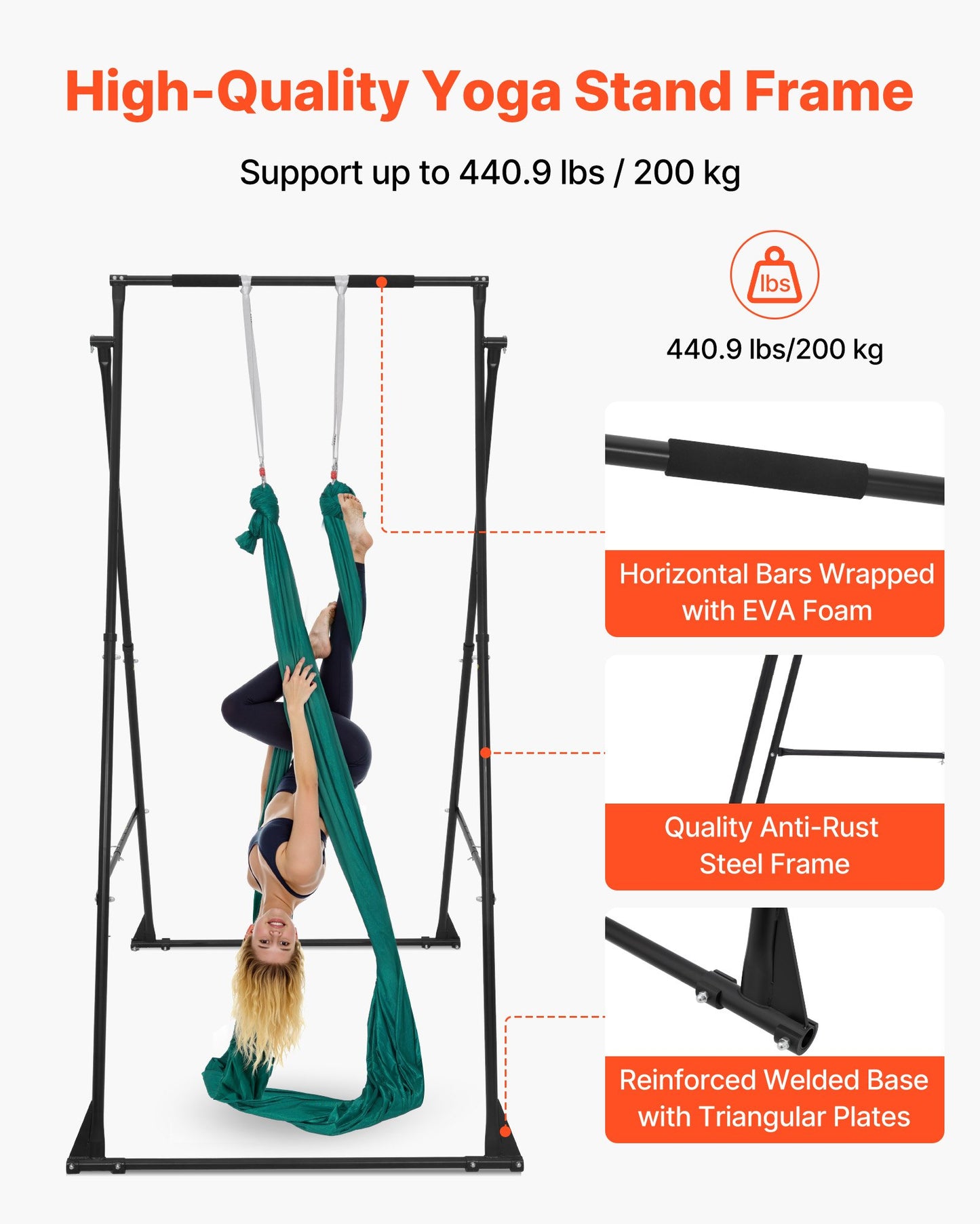 Yoga Stand Frame, Max 200 kg Load Swing Stand, Triangular Structure Pull Up Stands, Aerial Silk Stands with EVA Foam & 6m Yoga Hammock, 4-Level Horizontal & 6-Level Vertical Adjustment