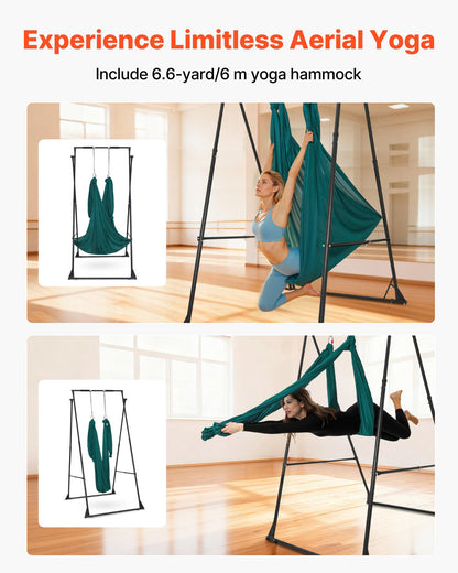 Yoga Stand Frame, Max 200 kg Load Swing Stand, Triangular Structure Pull Up Stands, Aerial Silk Stands with EVA Foam & 6m Yoga Hammock, 4-Level Horizontal & 6-Level Vertical Adjustment
