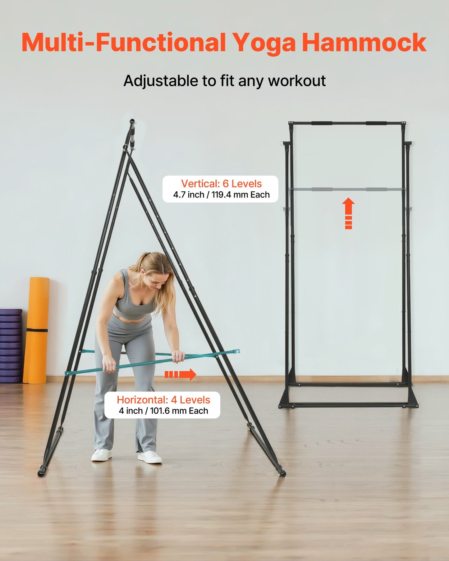 Yoga Stand Frame, Max 200 kg Load Swing Stand, Triangular Structure Pull Up Stands, Aerial Silk Stands with EVA Foam & 6m Yoga Hammock, 4-Level Horizontal & 6-Level Vertical Adjustment
