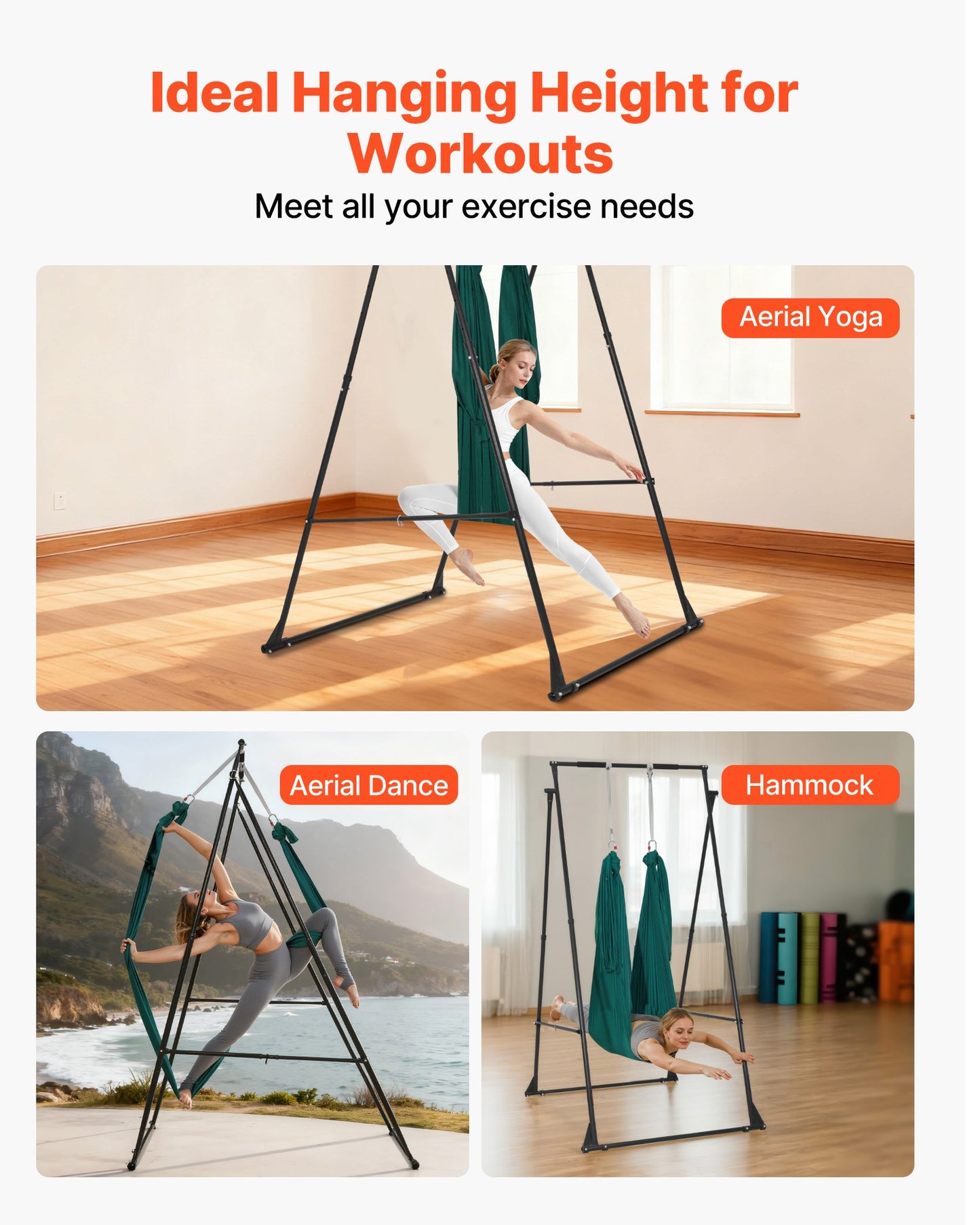 Yoga Stand Frame, Max 200 kg Load Swing Stand, Triangular Structure Pull Up Stands, Aerial Silk Stands with EVA Foam & 6m Yoga Hammock, 4-Level Horizontal & 6-Level Vertical Adjustment