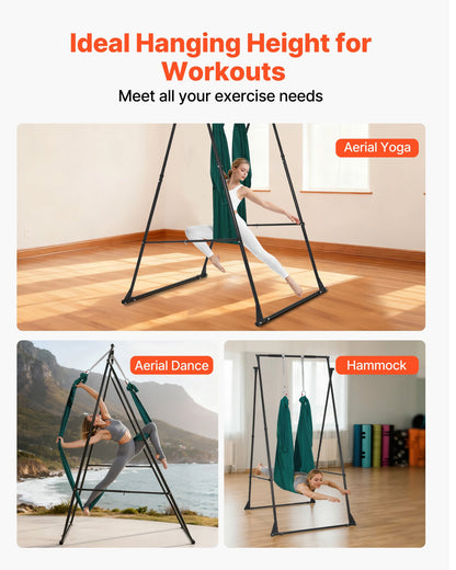 Yoga Stand Frame, Max 200 kg Load Swing Stand, Triangular Structure Pull Up Stands, Aerial Silk Stands with EVA Foam & 6m Yoga Hammock, 4-Level Horizontal & 6-Level Vertical Adjustment