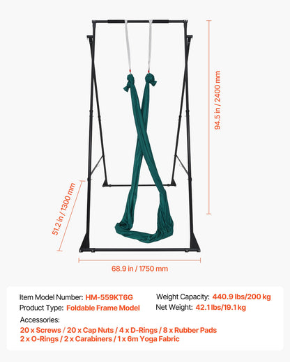 Yoga Stand Frame, Max 200 kg Load Swing Stand, Triangular Structure Pull Up Stands, Aerial Silk Stands with EVA Foam & 6m Yoga Hammock, 4-Level Horizontal & 6-Level Vertical Adjustment