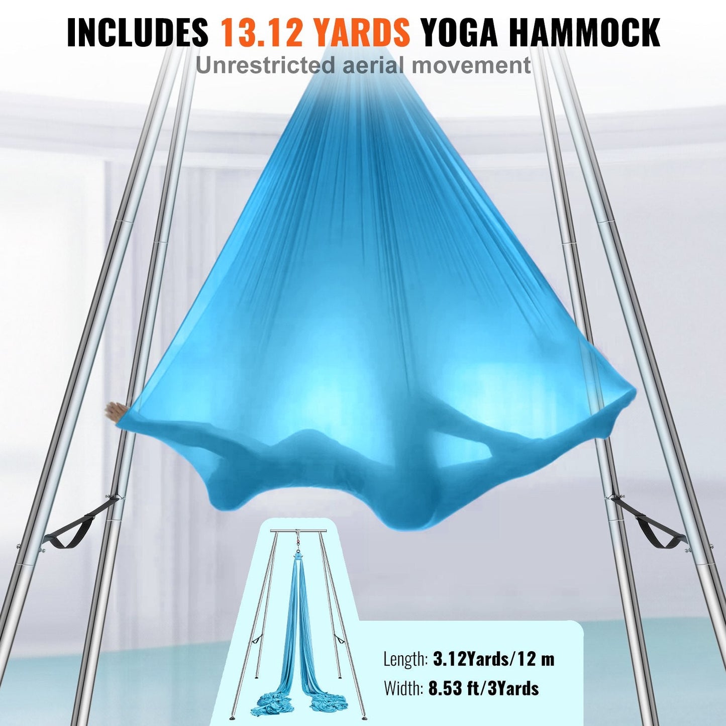 Professional Aerial Yoga Swing Stand with 12m Hammock, 250kg Capacity, Blue