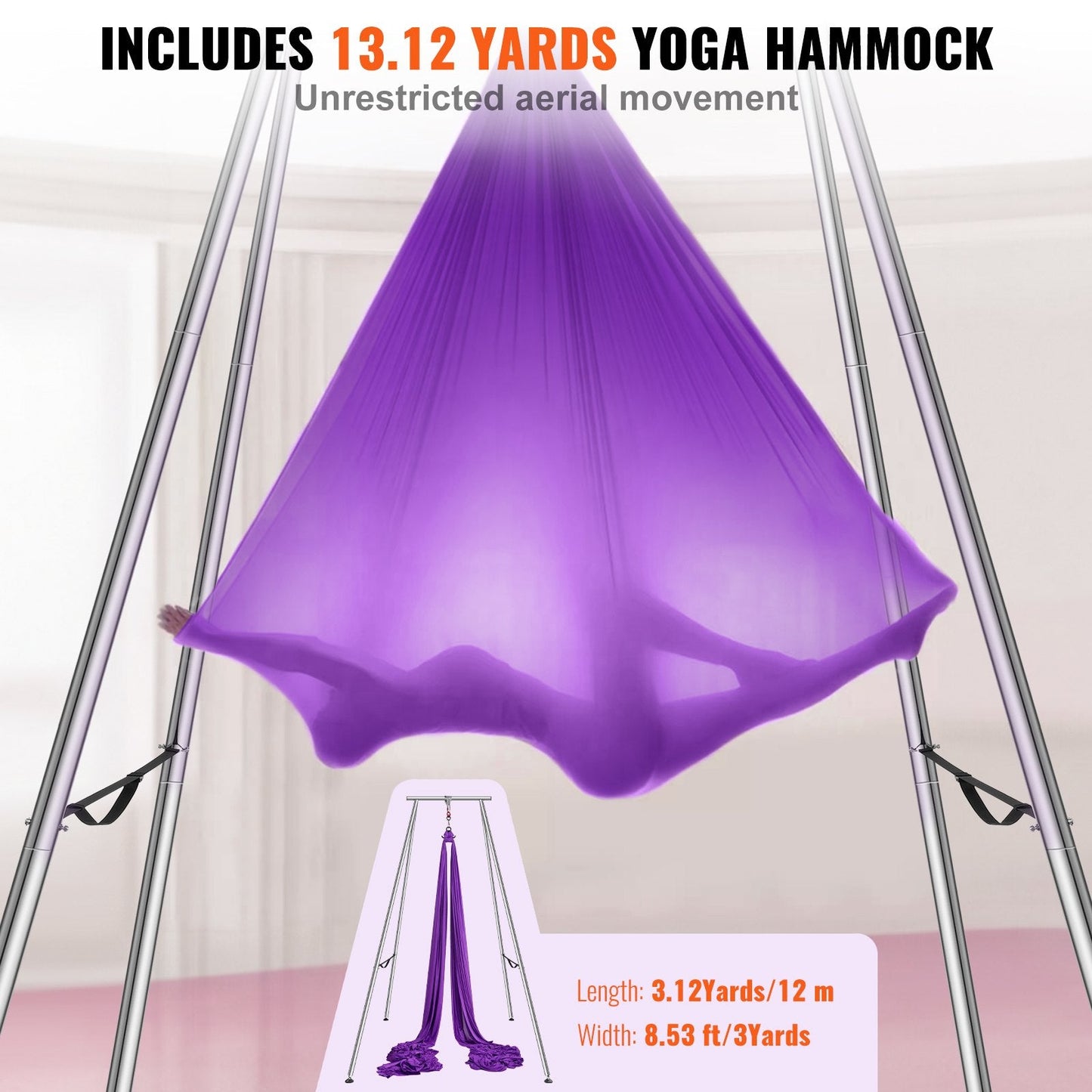 Professional Aerial Yoga Swing Stand with 12m Hammock, 250kg Capacity, Purple