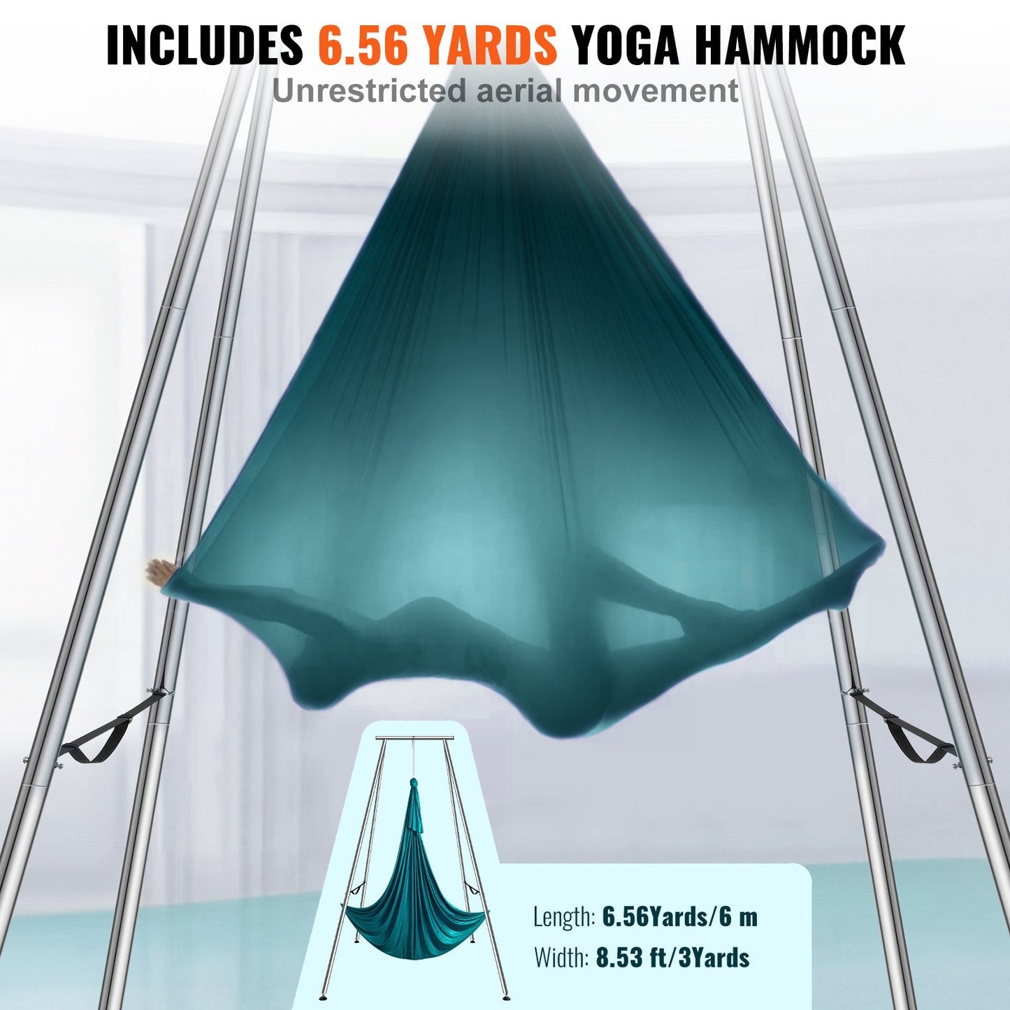 2950 mm Height Aerial Yoga Swing Stand with 6 m Hammock, 250 kg Capacity, Green