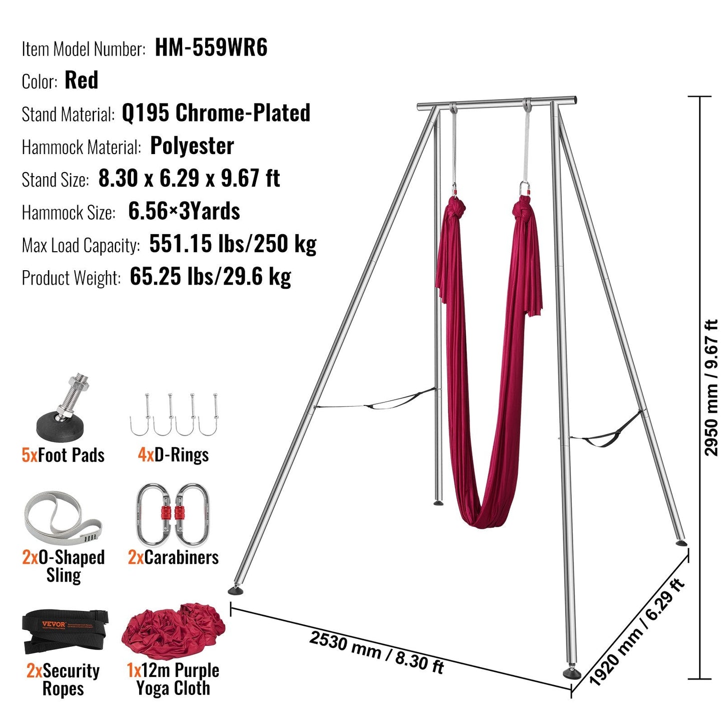 Professional Aerial Yoga Swing Stand with Hammock, 2.95 m Height, 250 kg Capacity