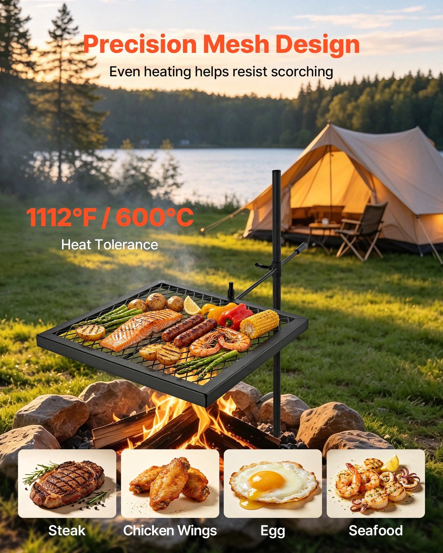 Heavy Duty Swivel Campfire Grill, 41cm Portable Camping Grill Grate, Sturdy Steel BBQ Mesh, 360° Height Adjustable Over Fire Pit Equipment w/ Carrying Bag, for Outdoor Open Flame Cooking, Black