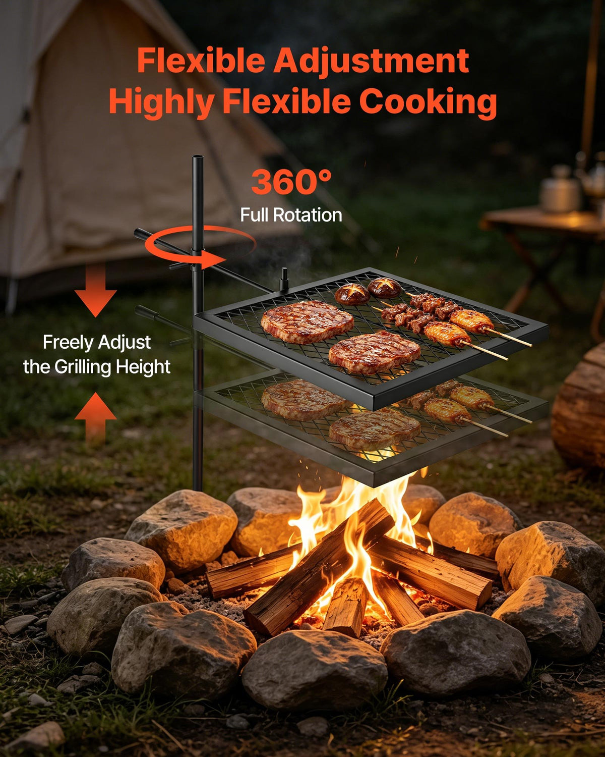 Heavy Duty Swivel Campfire Grill, 41cm Portable Camping Grill Grate, Sturdy Steel BBQ Mesh, 360° Height Adjustable Over Fire Pit Equipment w/ Carrying Bag, for Outdoor Open Flame Cooking, Black