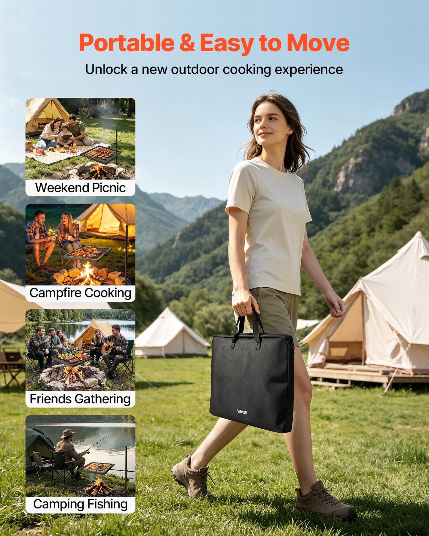 Heavy Duty Swivel Campfire Grill, 41cm Portable Camping Grill Grate, Sturdy Steel BBQ Mesh, 360° Height Adjustable Over Fire Pit Equipment w/ Carrying Bag, for Outdoor Open Flame Cooking, Black