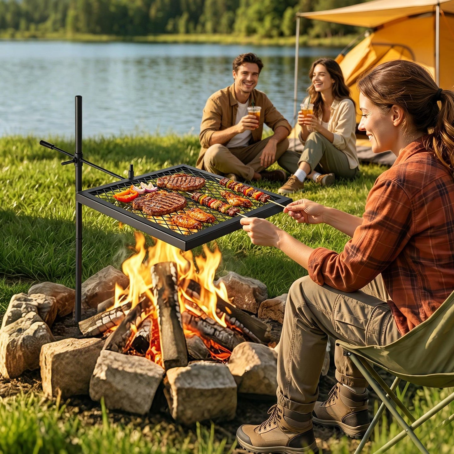 Heavy Duty Swivel Campfire Grill, 41cm Portable Camping Grill Grate, Sturdy Steel BBQ Mesh, 360° Height Adjustable Over Fire Pit Equipment w/ Carrying Bag, for Outdoor Open Flame Cooking, Black