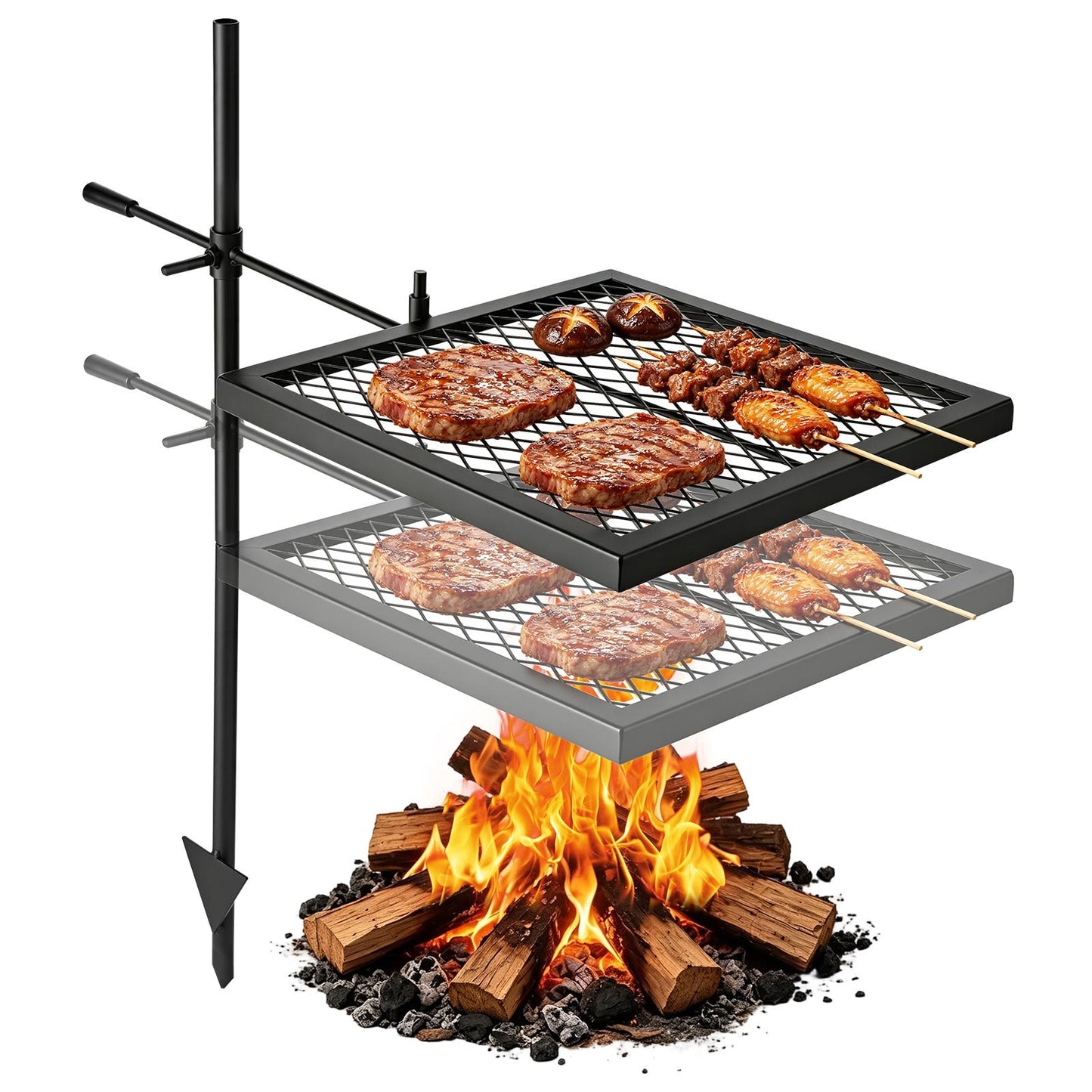 Heavy Duty Swivel Campfire Grill, 41cm Portable Camping Grill Grate, Sturdy Steel BBQ Mesh, 360° Height Adjustable Over Fire Pit Equipment w/ Carrying Bag, for Outdoor Open Flame Cooking, Black