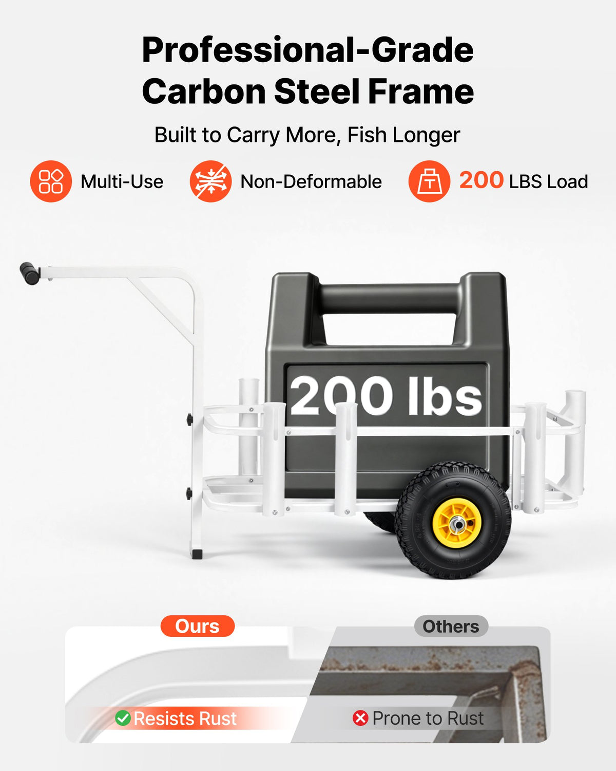 Beach Fishing Cart, 90.7 kg Load Capacity, Fishing Cart Wagon with Heavy-Duty Carbon Steel Frame, 280 mm All-Terrain Tires, 7 Rod Holders, Easy to Clean, for Outdoor Activities Camping Picnic