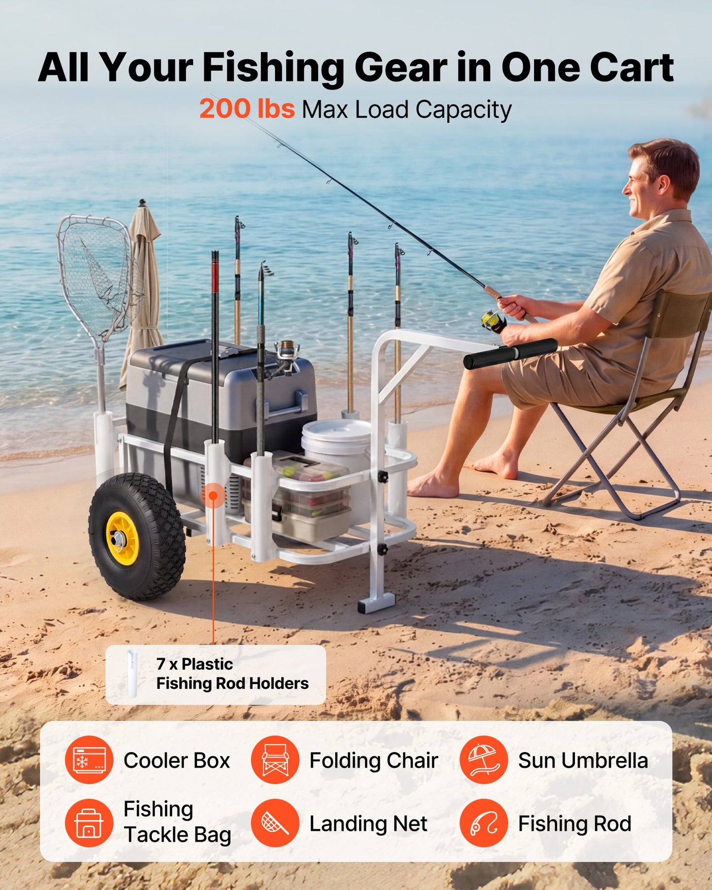 Beach Fishing Cart, 90.7 kg Load Capacity, Fishing Cart Wagon with Heavy-Duty Carbon Steel Frame, 280 mm All-Terrain Tires, 7 Rod Holders, Easy to Clean, for Outdoor Activities Camping Picnic