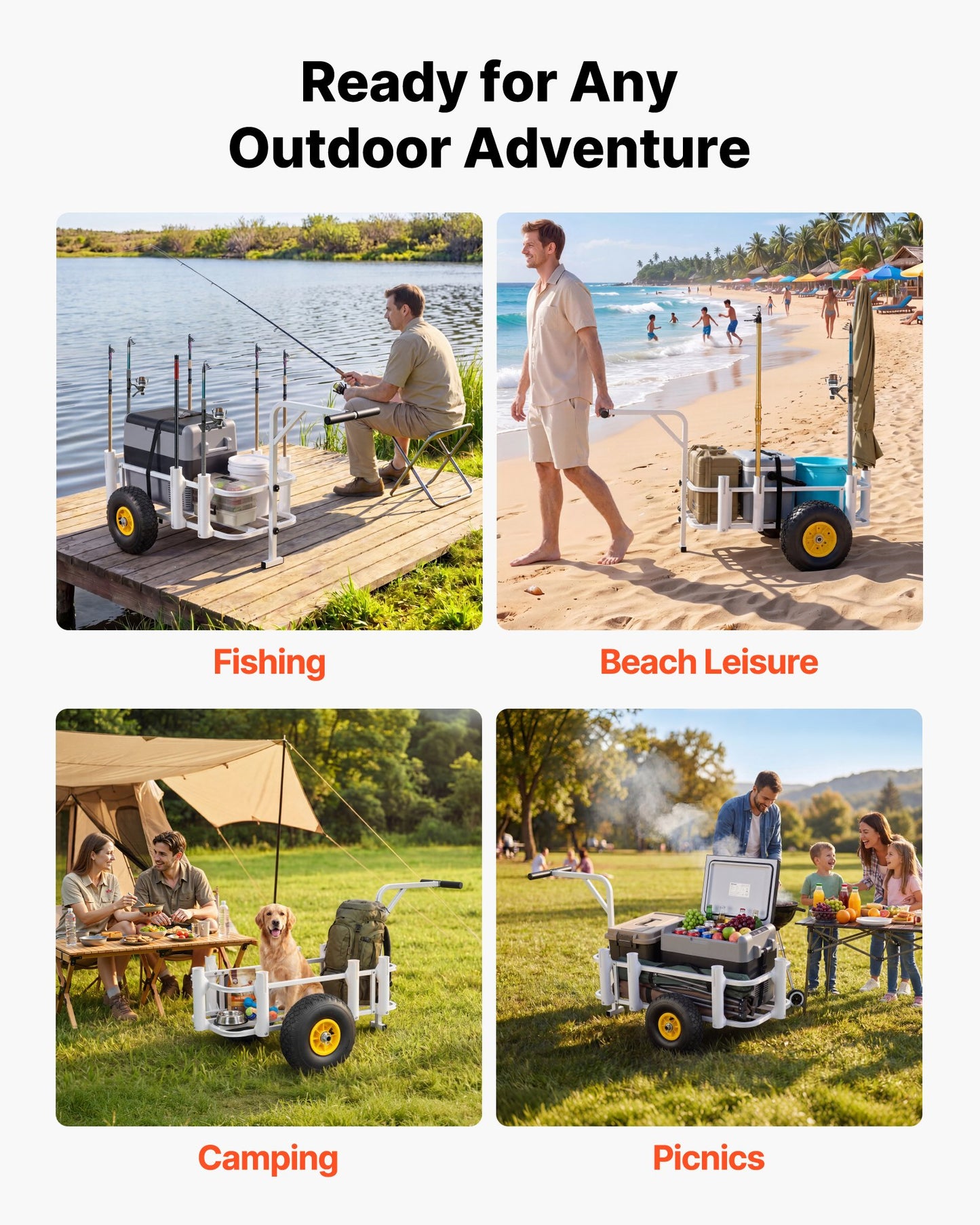 Beach Fishing Cart, 90.7 kg Load Capacity, Fishing Cart Wagon with Heavy-Duty Carbon Steel Frame, 280 mm All-Terrain Tires, 7 Rod Holders, Easy to Clean, for Outdoor Activities Camping Picnic