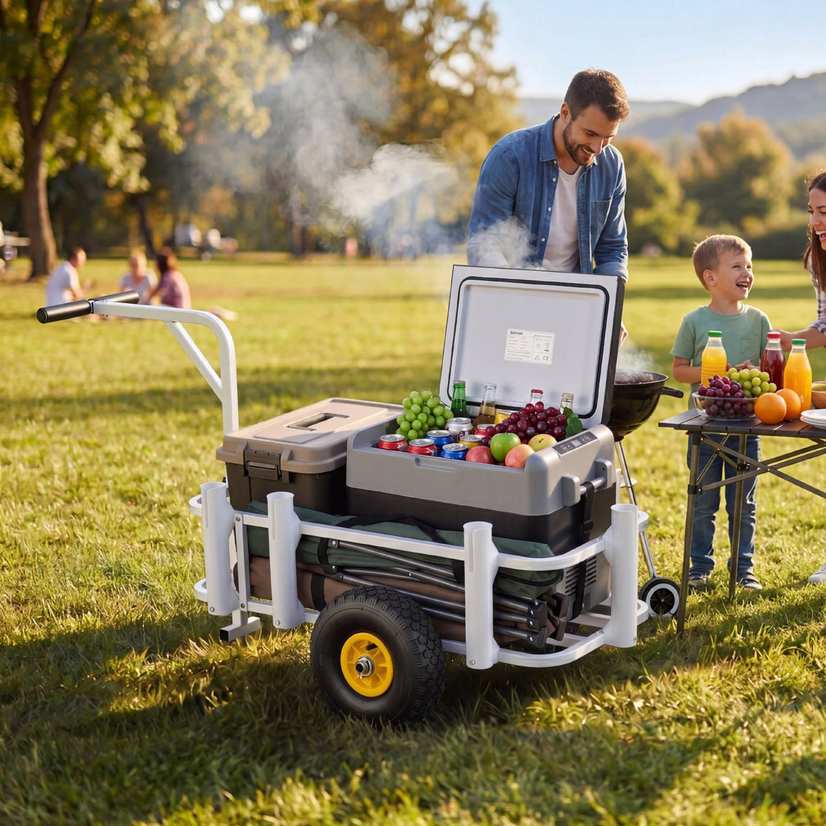 Beach Fishing Cart, 90.7 kg Load Capacity, Fishing Cart Wagon with Heavy-Duty Carbon Steel Frame, 280 mm All-Terrain Tires, 7 Rod Holders, Easy to Clean, for Outdoor Activities Camping Picnic