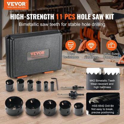 11-Piece Bi-Metal Hole Saw Kit with Drill Bits & Hex Wrench, 0.38m Cutting Depth