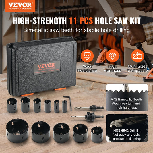 11-Piece Bi-Metal Hole Saw Kit with Drill Bits & Hex Wrench, 0.38m Cutting Depth