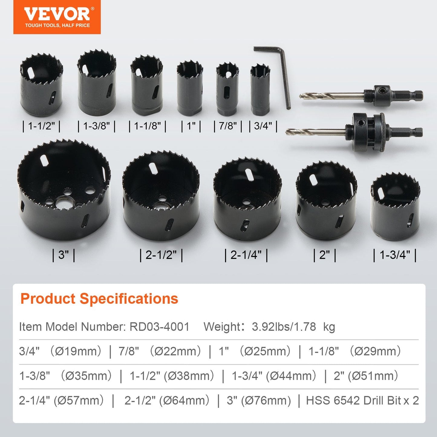 11-Piece Bi-Metal Hole Saw Kit with Drill Bits & Hex Wrench, 0.38m Cutting Depth