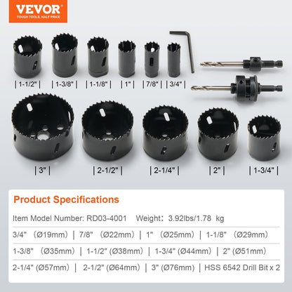 11-Piece Bi-Metal Hole Saw Kit with Drill Bits & Hex Wrench, 0.38m Cutting Depth