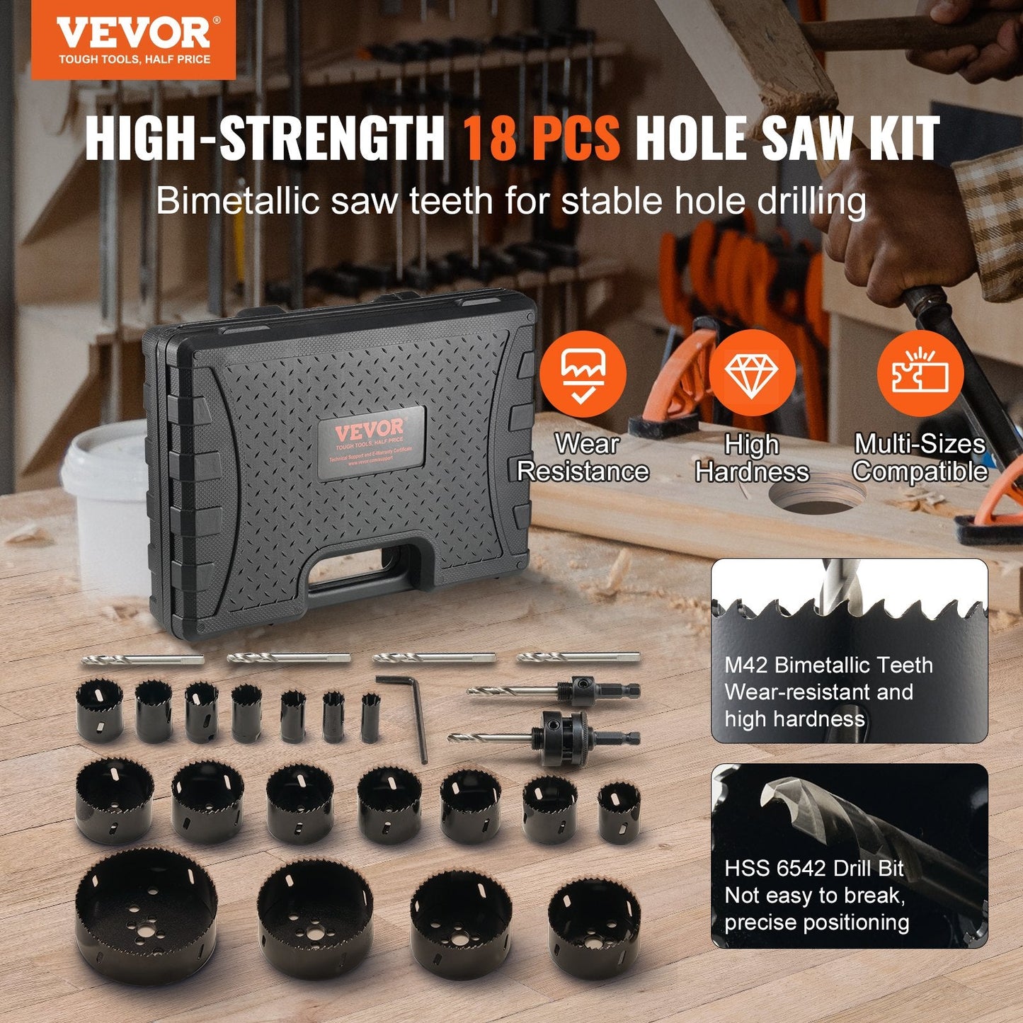 Bi-Metal M42 Hole Saw Kit: 18 Blades, 6 Drill Bits, 3/4 to 4.5m, with Case