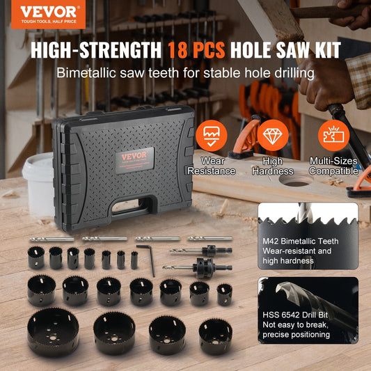 Bi-Metal M42 Hole Saw Kit: 18 Blades, 6 Drill Bits, 3/4 to 4.5m, with Case