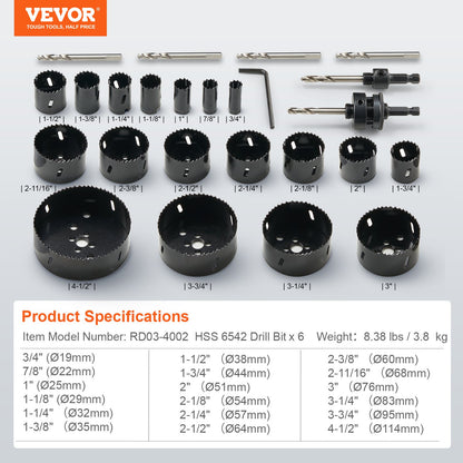 VEVOR Hole Saw Kit, 18 PCS Saw Blades, 6 Drill Bits, 1 Hex Wrench, Bi Metal M42