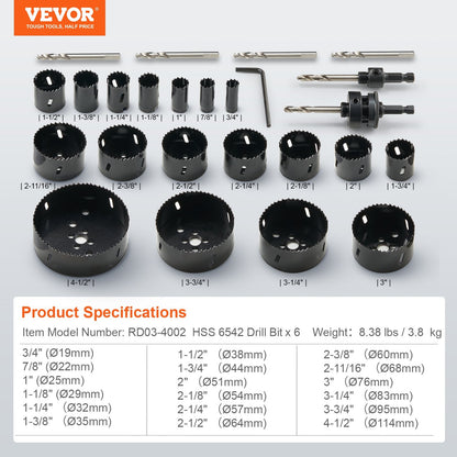 Bi-Metal M42 Hole Saw Kit: 18 Blades, 6 Drill Bits, 3/4 to 4.5m, with Case