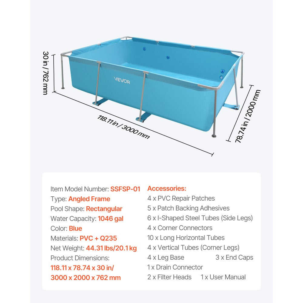 Steel Frame Above Ground Swimming Pool 3 x 2 x 0.762 m Rectangular Blue